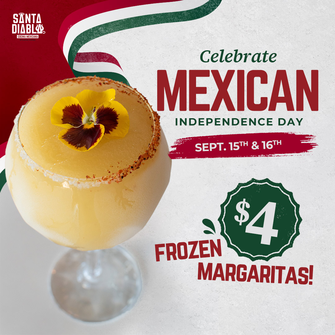 We're Celebrating Mexican Independence Day today and tomorrow with $4 Frozen Margaritas! 🍹 See you soon!

#AuthenticMexicanFood #DowntownSanAntonio #Margaritas #SanAntonioRestaurant #MexicanFood #CocinaMexicana #SantaDiabla