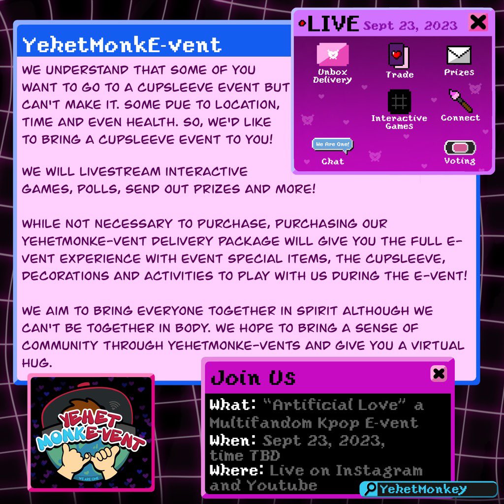 YehetMonkey's tweet photo. 🫶🏽🌎 We’re so excited to launch “YehetMonkE-vents”! I hope you’ll join us for the ride! 

🖤”Artificial Love : Rebooted” a Multifandom YehetMonkE-vent~
Time: Sept 23 2023, time TBD
Where: Live on Instagram and YouTube

🏷️ #CupsleeveEvent #WeAreOne #kpop https://t.co/VjgnvhOZyW