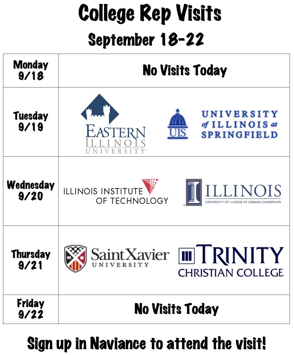 OLCHSStServices's tweet photo. @OLCHSNews 
The first week of rep visits is a busy one!  Sign up in Naviance to attend any rep visit. 
#olchspride https://t.co/nNSPAXYhi6