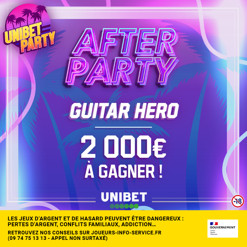 UnibetFrance's tweet photo. 🎧 L'After Party ça se passe en musique et pas n'importe laquelle !

🔥 2 000€ de Freebets à partager entre 268 joueurs 
🎸 Alors sors ta gratte et gratte ton Freebet 👇
🎁 2 x 20€ à gagner si tu RT + #UnibetParty