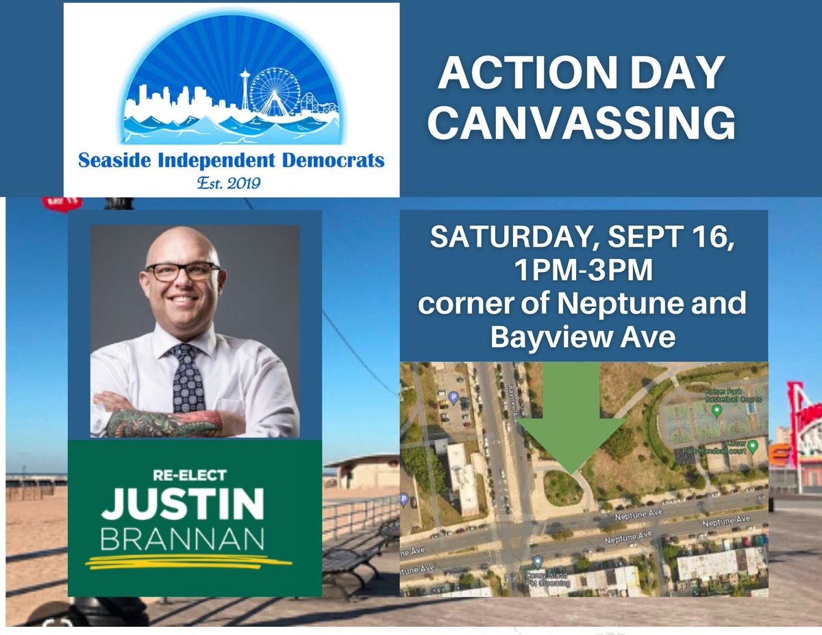 Action Day alert! 
Join us canvassing for Justin Brannan. Tomorrow, Sept 16, 1-3pm. Park corner of Neptune and Bayview Ave.