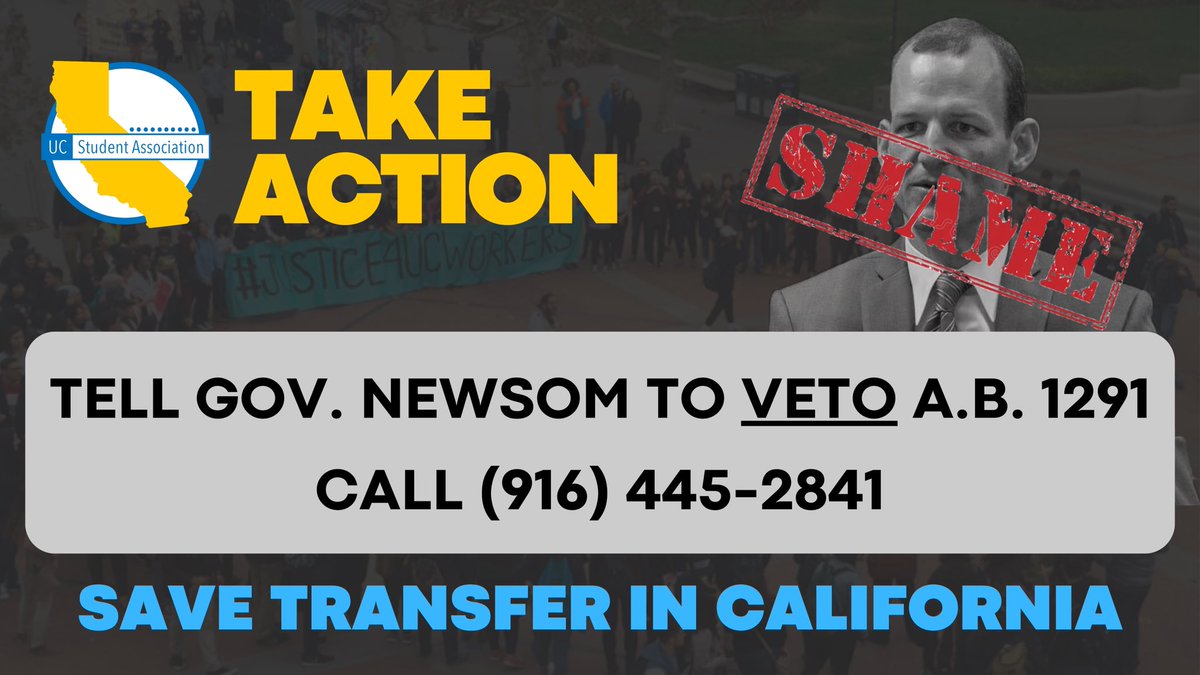 Who wrote #AB1291? Not <a href="/_UCSA/">UC Student Association</a> or any UC students, our 75,000+ transfer students, who experienced the complex transfer process, weren't consulted. Legislation without student input isn't student-centered. #VetoAB1291 <a href="/GavinNewsom/">Gavin Newsom</a> @CAGovernor