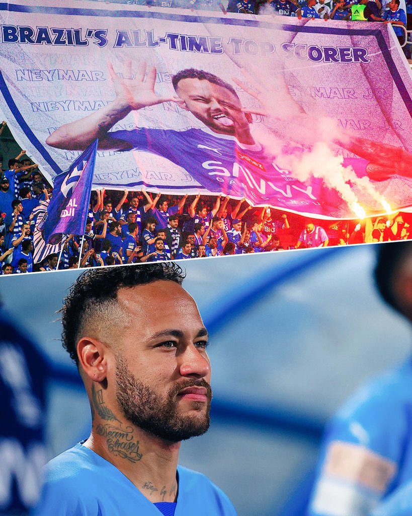 paisoltaram's tweet photo. Em seu primeiro jogo pelo Al-Hilal, Neymar:

✅ Recebeu homenagem da torcida pela marca especial de tornar-se o maior artilheiro da história da seleção brasileira.

✅ Realizou sua primeira assistência.

✅ Criou duas grandes chances em menos de 25 minutos jogados.

Simplesmente o homem que vai fazer o que quiser na liga de camelos com um time SUPER apelão pro nível da liga. O trio MNM vai ser a famosa PUTARIA legalizada!