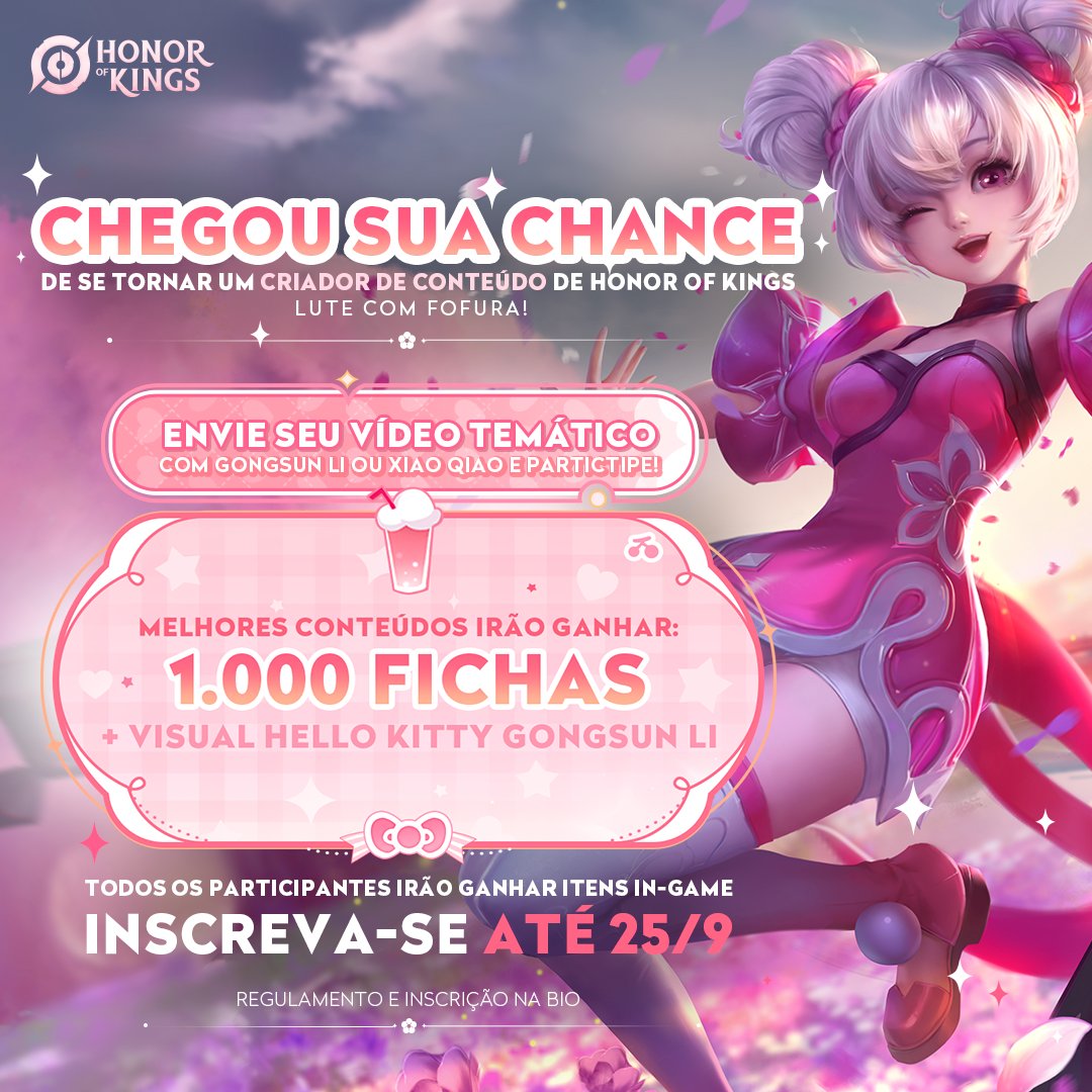 Envie seu vídeo temático com Gongsun Li ou Xiao Qiao para ter a chance de se tornar um criador de conteúdo oficial de HoK!

Todos os participantes vão ganhar itens in-game!

Confira os detalhes no link: bit.ly/fofuraemkingsr…

#HonorofKings #HonorofKingsBR #LuteComFofura