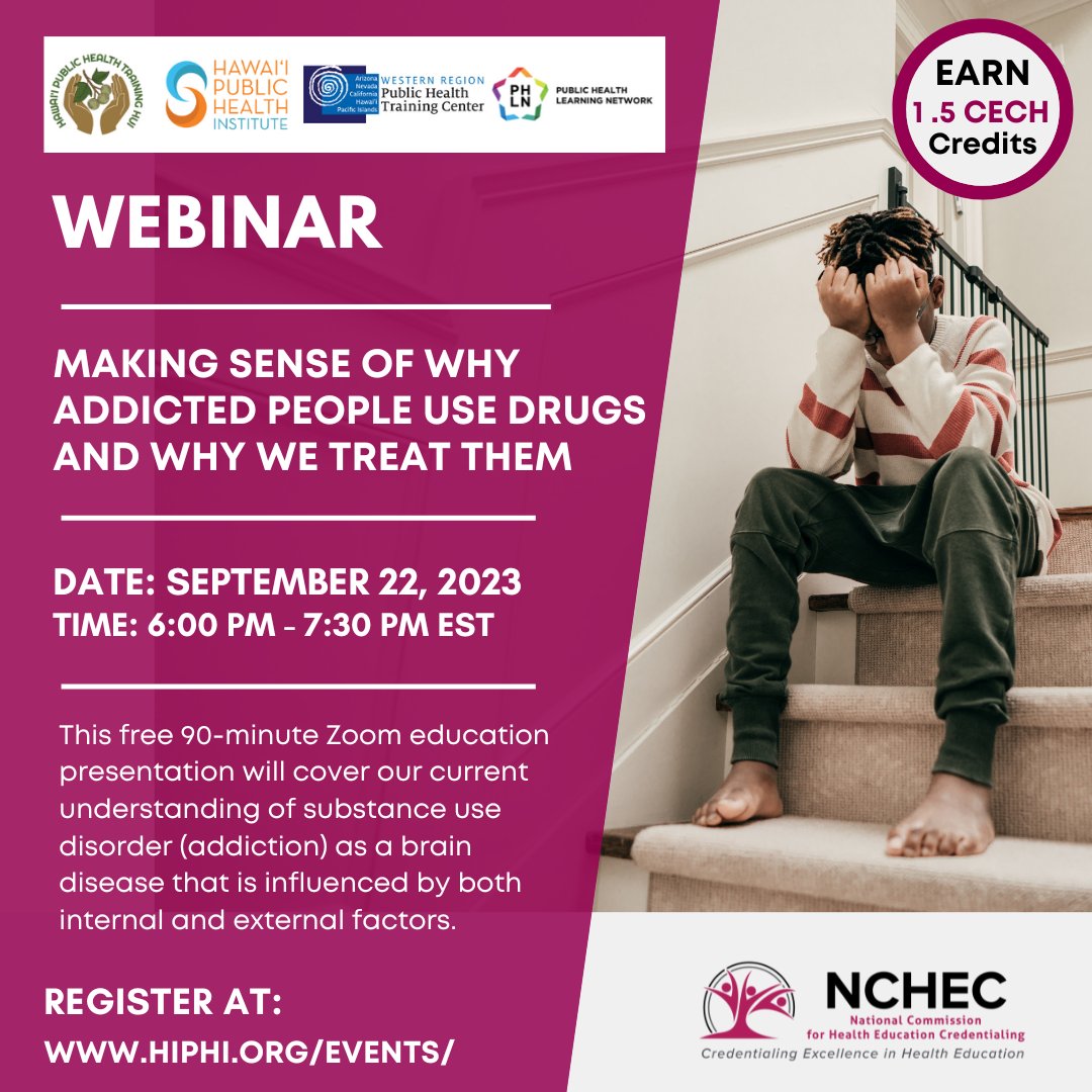 ChesMches's tweet image. It's #NationalRecoveryMonth! Check out this free #ContinuingEducation event from HIPHI:
Making Sense of Why Addicted People Use Drugs and Why We Treat Them
9.22.23 | 6-7:30 PM EST 
Earn 1.5 #CECH free! 
Register here: ow.ly/AlZt50PINi3
#PublicHealth #CHES #MCHES