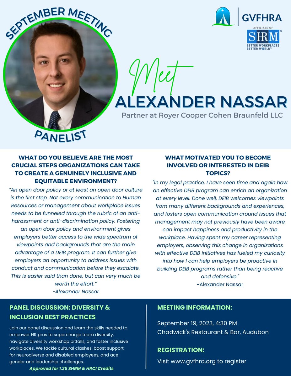 ✨ SPEAKER SPOTLIGHT ✨ Meet one of our September 19th Diversity Panelists, Alexander Nassar. To hear more insight from Alexander, register to join an engaging discussion regarding hot topics in diversity &amp; inclusion at our September 19th Meeting!