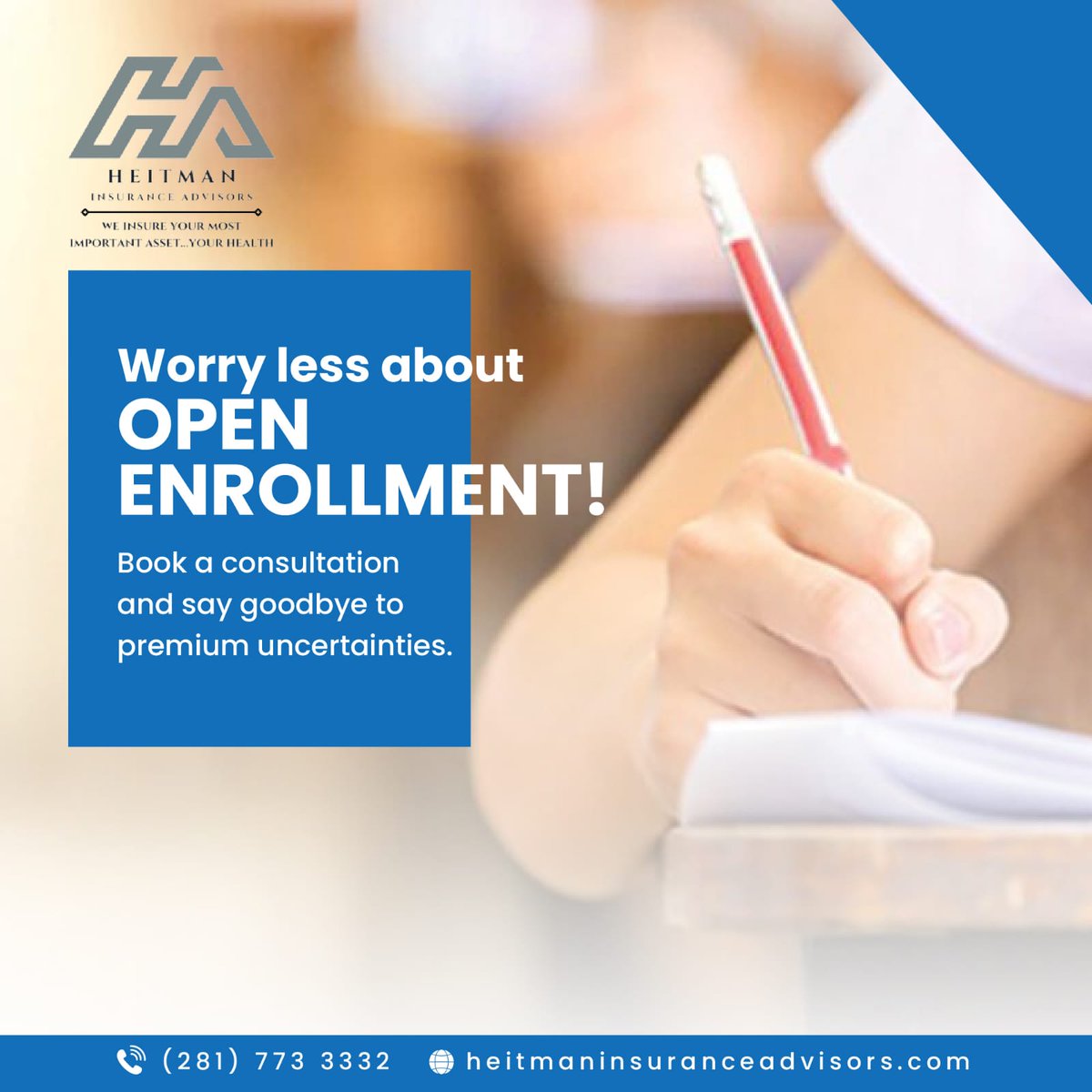 HeitmanChett's tweet image. Enroll with ease! Say goodbye to premium uncertainties and book a consultation today.Contact us at heitmaninsuranceadvisors.com calendly.com/HEITMANIA
 #OpenEnrollmentMadeEasy #InsuranceConsultation #WorryFreeCoverage