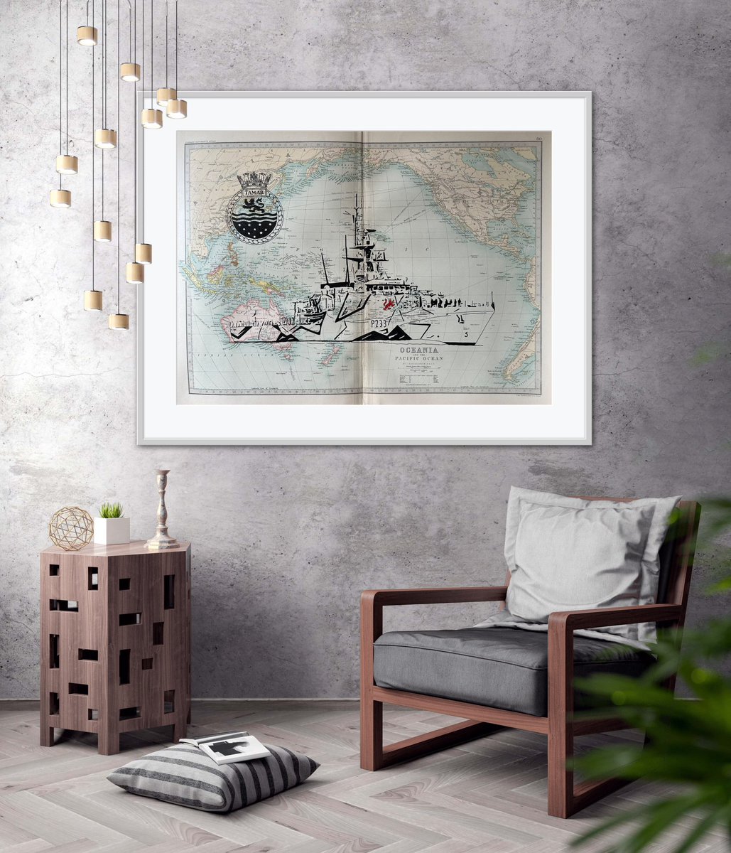 indigozuluink's tweet photo. Proud to share another commission of @hms_tamar ⚓️ This was drawn onto an original 1890 map; just a little delicate! Thank you for all your support!

#hmstamar #P233 #riverclass #dazzle #royalnavy #mapart #militaryart #britisharmedforces #militaryartist #commissionsavailable https://t.co/ieaF1yTu6j