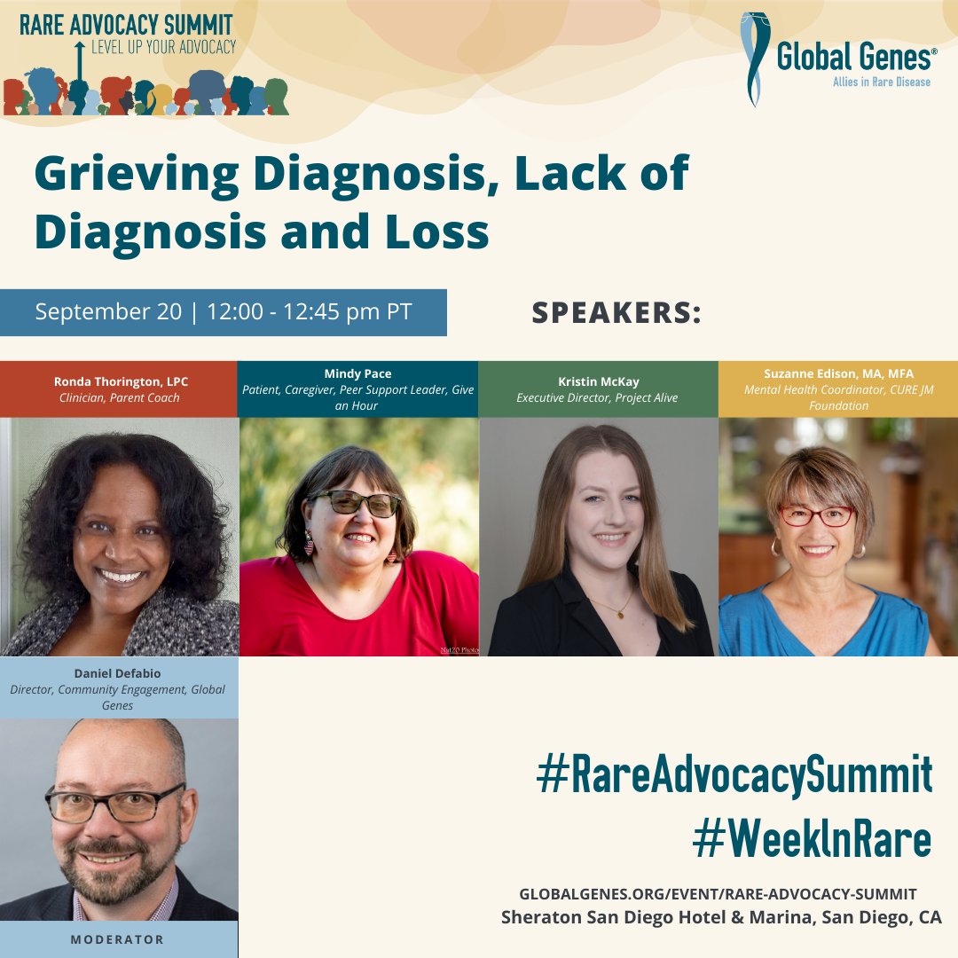 GlobalGenes's tweet photo. Empower The Rare Individual: Discuss managing many forms of grief, learning to live well in your new reality and how to find organizations and resources that can help you cope. Live Stream: https://t.co/6iGp2OsV8o
@giveanhour @Projectalive @curejm
#WeekInRARE #RAREAdvocacySummit https://t.co/Z7ZSpf7AtD