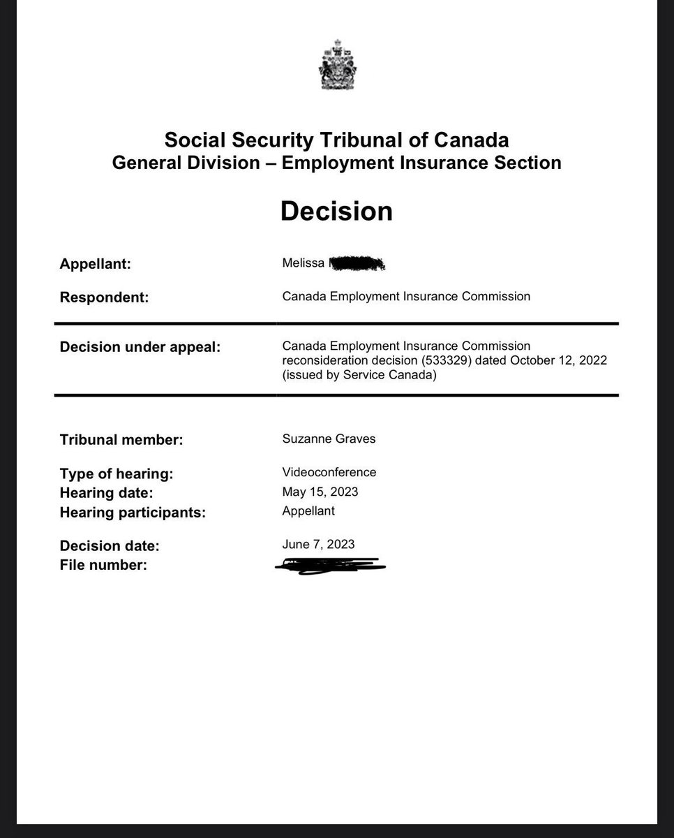chickfrmontario's tweet photo. I won my appeal for unemployment benefits with the Social Security Tribunal of Canada. I won my appeal because of someone else’s decision from the tribunal. So I am posting mine here incase there is anyone out there it might help. https://t.co/PvnmzngWDS
