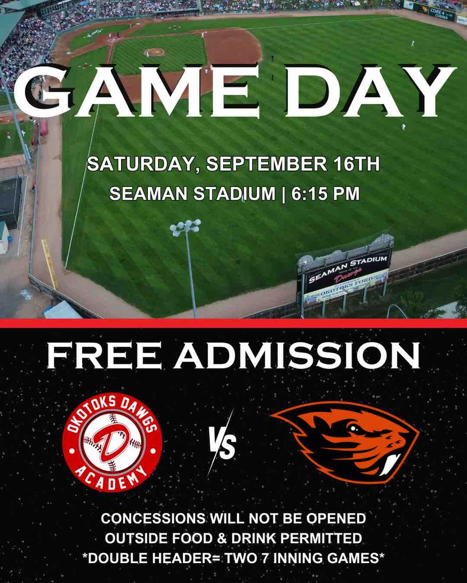 The Dawgs Academy will take on the Oregon State University Beavers under the lights on Saturday, September 16th at 6:15 pm. Admission is free! Come on down and catch the action at Seaman Stadium! #dawgs #beavers #baseball #yycbaseball #yycsports #yycevents
