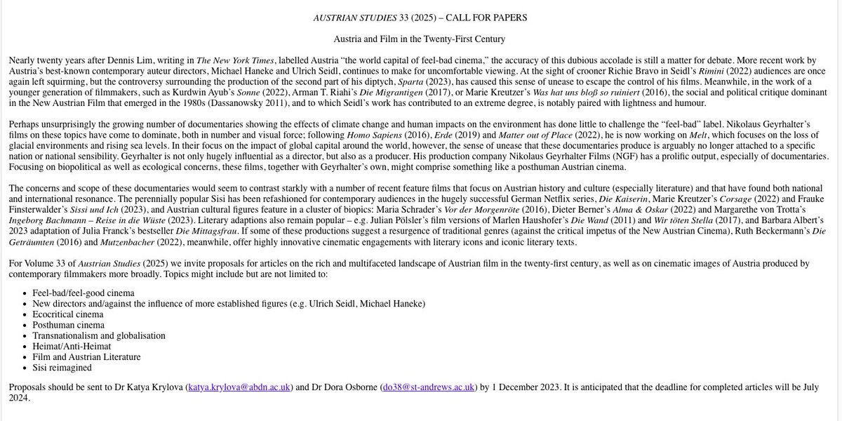 CfP: Austrian Studies 33 (2025) – Austria and Film in the Twenty-First Century. Deadline: December 1, 2023. #AustrianStudies #cfp Journal info and guidelines: mhra.org.uk/journals/AS
