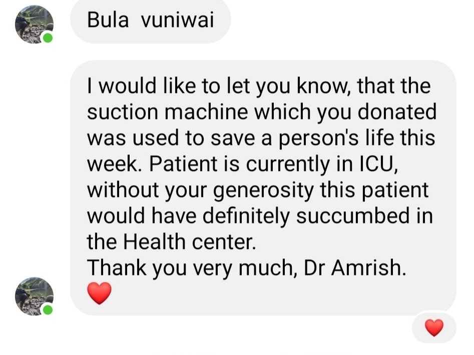 KrishnanAmrish's tweet photo. In June my team and I put in money towards a suction machine for a rural health center in Fiji, which we proudly personally delivered. Here are screenshots of messages I received recently from the dynamic young doctor stationed there. A useful tool in useful hands can do wonders! https://t.co/laBEUUdca6