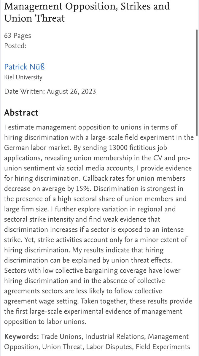 Groundbreaking study from <a href="/PatrickNuess/">Patrick Nuess (Nüß)</a> uncovers widespread management opposition to unions in German labor market, especially in larger firms. Results highlight crucial role of union threat and its impact on industrial relations and labor inequality. #UnionThreat #LaborMarket