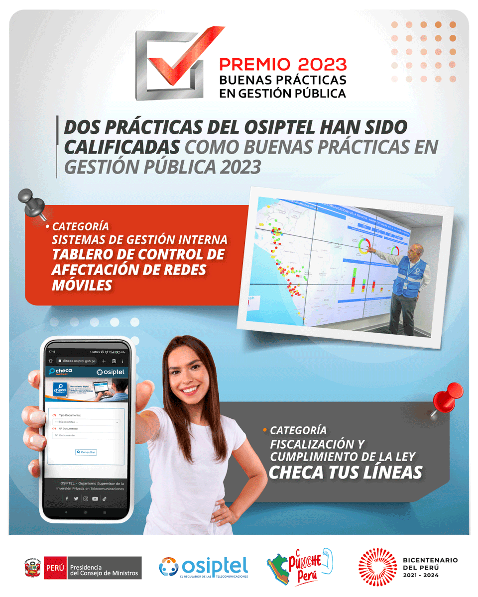 OSIPTEL's tweet photo. #BuenaNoticia 📢 El equipo técnico de Ciudadanos al Día ha reconocido las prácticas del OSIPTEL #ChecaTusLíneas y #TableroDeControl como Buenas Prácticas en Gestión Pública, por haber generado resultados concretos en beneficio de la ciudadanía. 🤜🤛🇵🇪 https://t.co/Cz8cAYvpLN