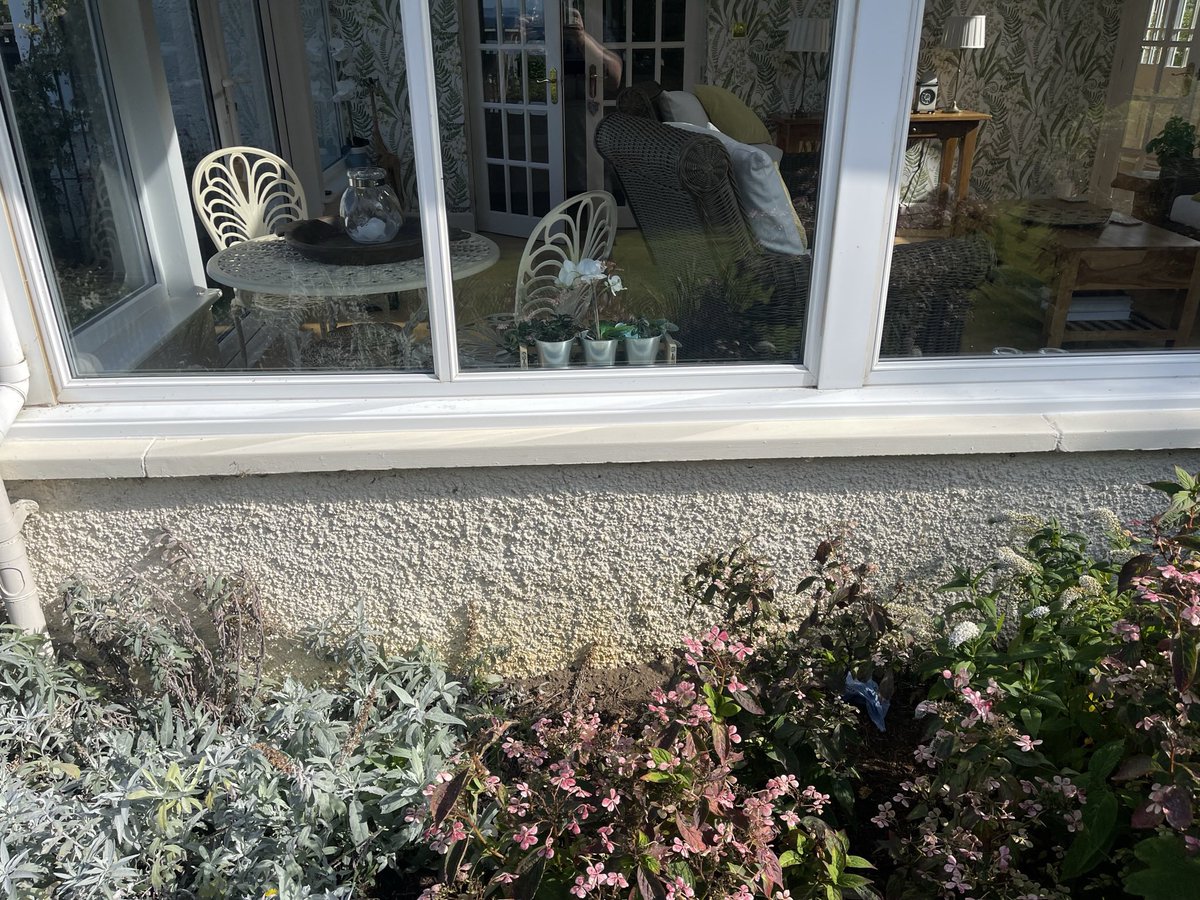 Before and afters of some cosmetic work done on a conservatory using UPVC Facings, which freshen it up and also protects the mastic sealant under the cill.