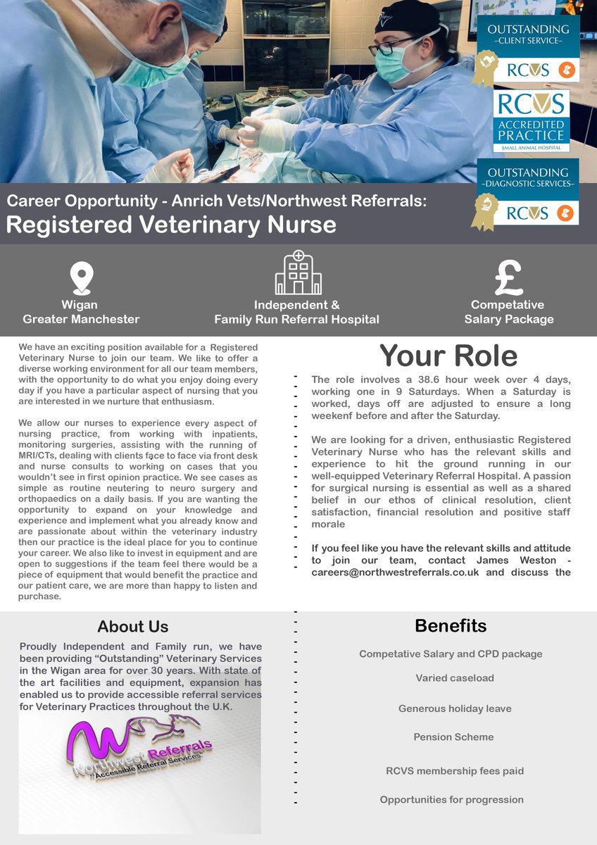 Due to our continued growth we are looking for a RVN to join our team. Do you want to see some more interesting cases? See the details attached and if your interested please email careers@northwestreferrals.co.uk #vetnurse #AccessibleReferralServices