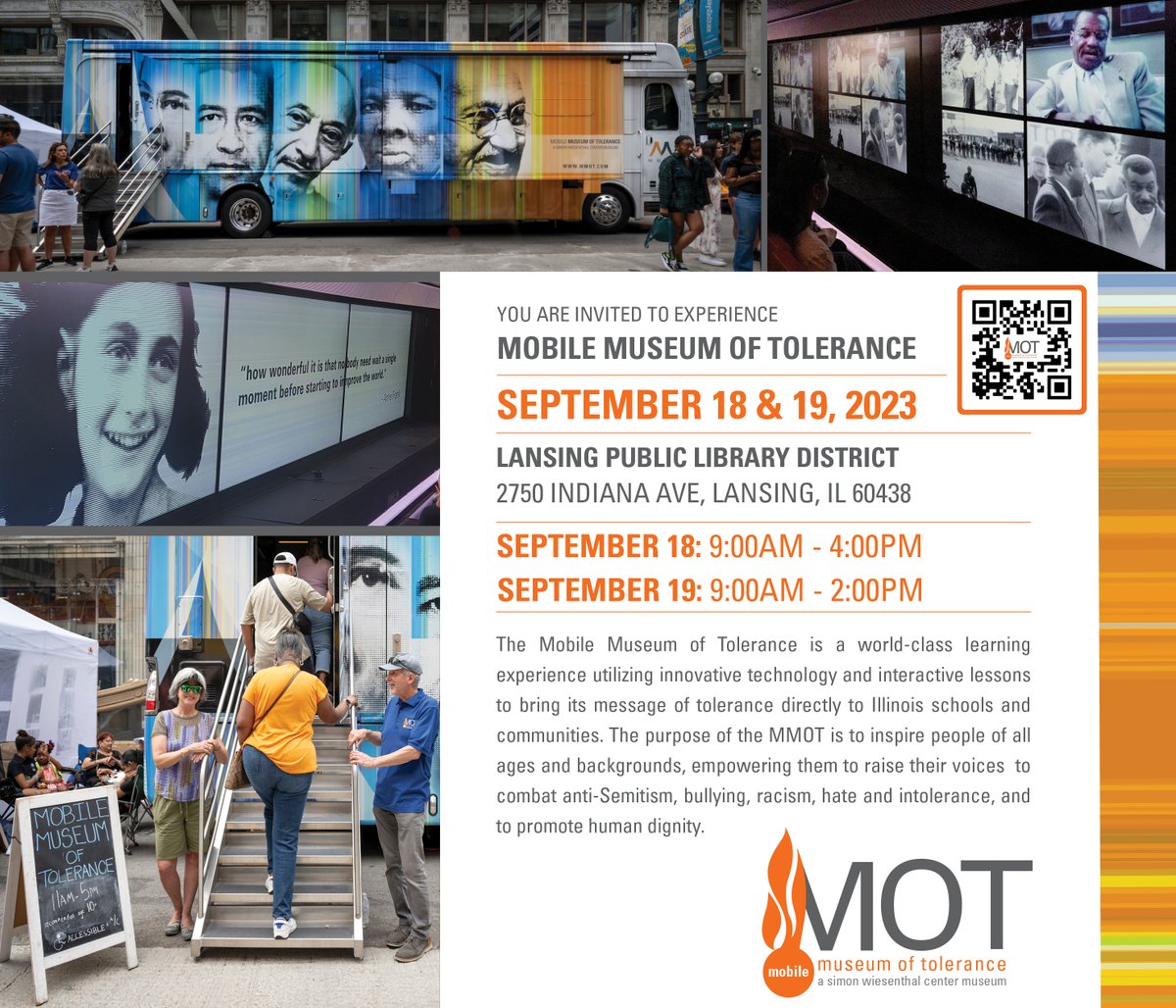 MobileTolerance's tweet photo. 📢🚚 The #MMOT is rolling into Lansing Public Library, IL! 📚 Join us on Monday, Sept 18 (9am-4pm) & Tuesday, Sept 19 (9am-2pm) for an epic time! Dive into the #CombatHate: A #DigitalMediaLiteracy Workshop! 📱Learn about your digital footprint & more! 💻 #EducationForAll https://t.co/20Y4WbqfXw