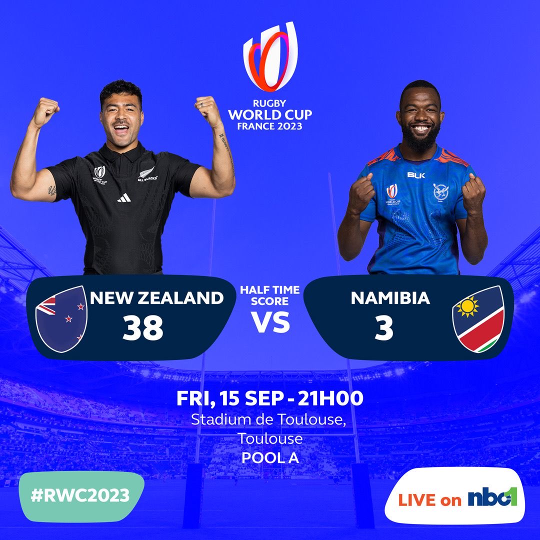 NBCNamibia's tweet photo. World Cup Rugby Update: POOL A

Half time score at Stadium de Toulouse

NEW ZEALAND 38 - 3  NAMIBIA

Catch the 2nd half live on NBC1
#dstv282
#nbcsport https://t.co/j5C36YRKqv