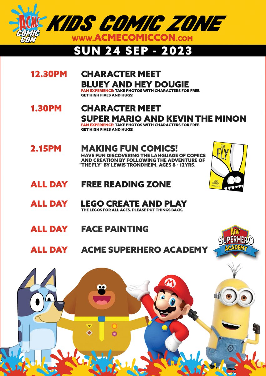 📷 Kid's Comic Zone 
find activities and to meet their favourite characters!  

Signup for Kid's Cosplay Parade will be available at the Cosplay desk on each day of the event!
Get tickets here - tinyurl.com/2avrt5f9
#acmecomiccon #whatsonforkids #whatsonforfamilies #comiccon