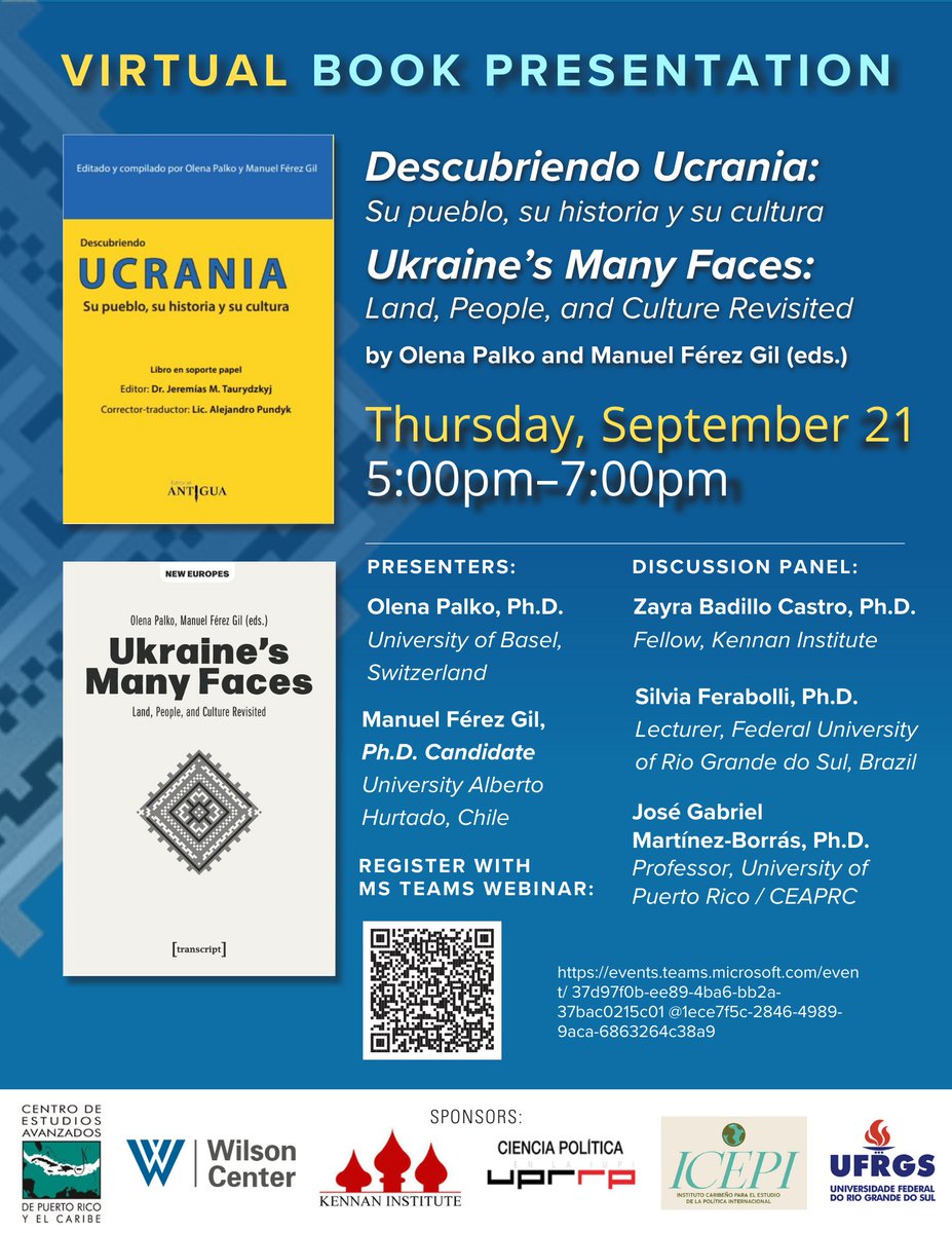 join us next week for the book launch of the spanish edition of  'descubriendo ucrania' by olena palko @NewEuropeU and @ferezmanuel el evento se llevará a cabo en inglés y español. grateful to the @kennaninstitute and @TheWilsonCenter for their support. #Ucrania @boricuaslavist