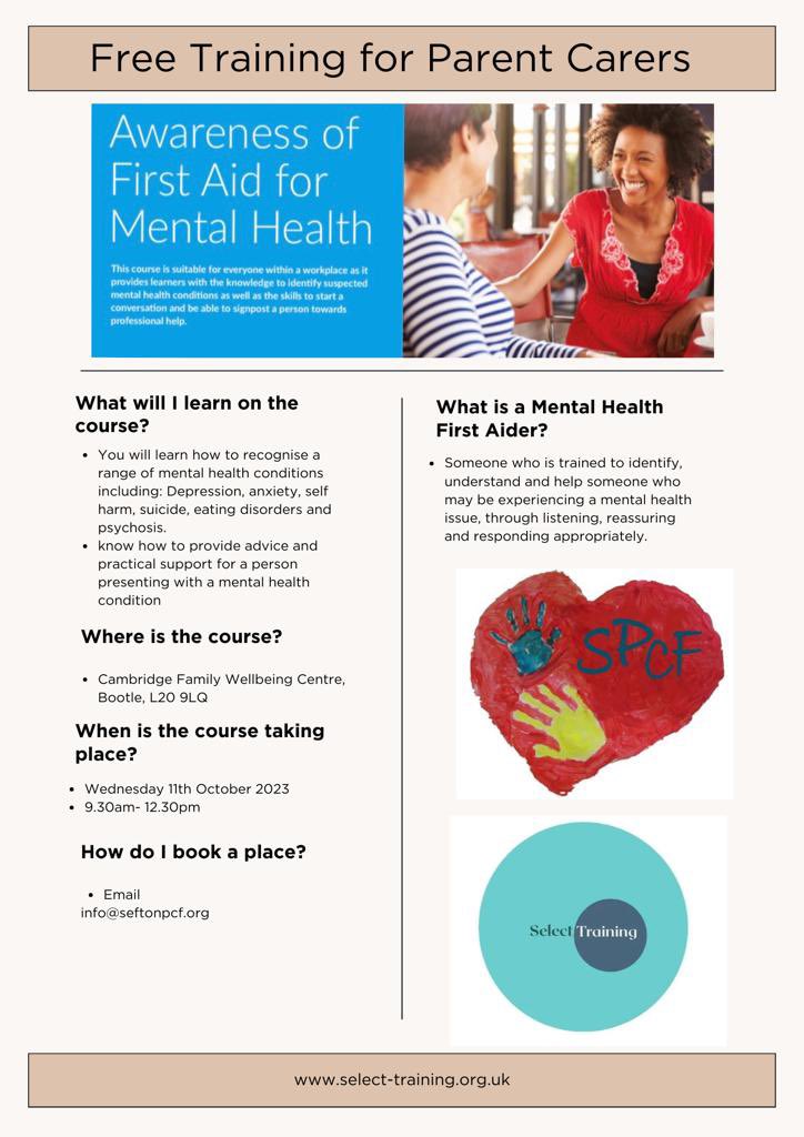 With suicide risk for UK carers three times national average, it’s wonderful to work in partnership with Sefton Parent Carers Forum to offer FREE Level 1 Awareness of First Aid for Mental Health. #seftonpcf #bootle #MentalHealthAwareness #mentalhealthfirstaid