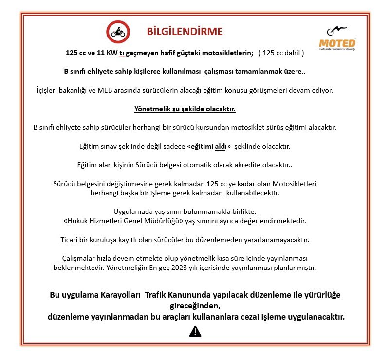 B196, AB de olduğu gibi ülkemizde de yürürlüğe girecek.,

Bu sayede bütün teknik donanımları tehlikeye sokan 50cc araçları 100cc, 150cc çevirme olayıda son bulur.,
