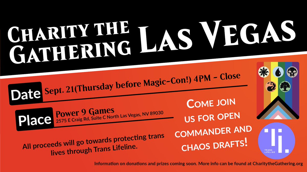 CharityMagicTG's tweet photo. We've got a great line up of events planned for #CTGVegas! 
Many thanks to the awesome creators who have volunteered to be a part of this.  @QueenoCardboard, @TheOneJame, @MisplayMental &amp; @SonRebell!

More info coming on Sunday!
#CharitytheGathering
#MagicTheGathering 
#MCVegas https://t.co/8ysXFiwrsA