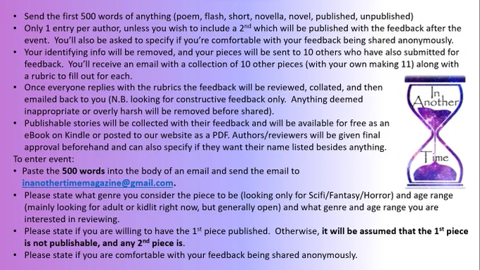 InAnotherTimeM's tweet photo. Wow, how time flies!  Only two more weeks left to submit the first 500 words of your writing to this Community Feedback Program!  

@granota_hut @Penprince_  #WritingCommunity #scifi #fantasy #horror https://t.co/VBeFN70RfM