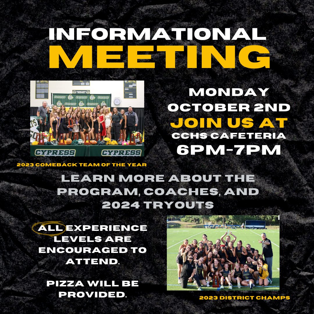 CCGLACROSSE's tweet photo. Thinking about joining our squad? Be there October 2nd to meet the CHAMPS and find out what all the hype is around the fastest growing sport! @CCHS_Sport  @TheCoyoteWay https://t.co/JL1nuouGjw