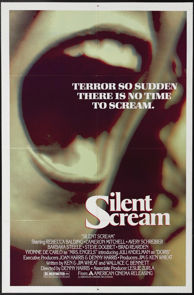 Coming Soon on 4KUHD! Brand New HDR Dolby Vision Master Silent Scream (1979) Starring Rebecca Balding, Cameron Mitchell & Barbara Steele – Written by Ken Wheat (Pitch Black), Jim Wheat (The Fly II) & Wallace C. Bennett (The Philadelphia Experiment) – Directed by Denny Harris.