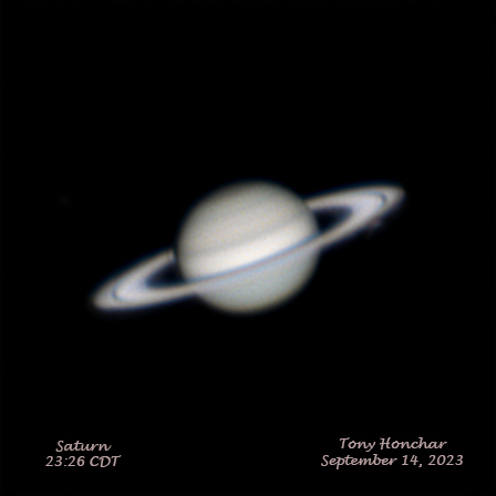 RooftopWeather's tweet photo. I got a shot of Saturn last night (14 Sep 2023).  Sky conditions were pretty good.  I captured over 20,000 frames and stacked the best 20%.

On the right lower side of the rings there is a small brighter area. This is one of Saturn's Moons, Enceladus. https://t.co/szU1EVcFql