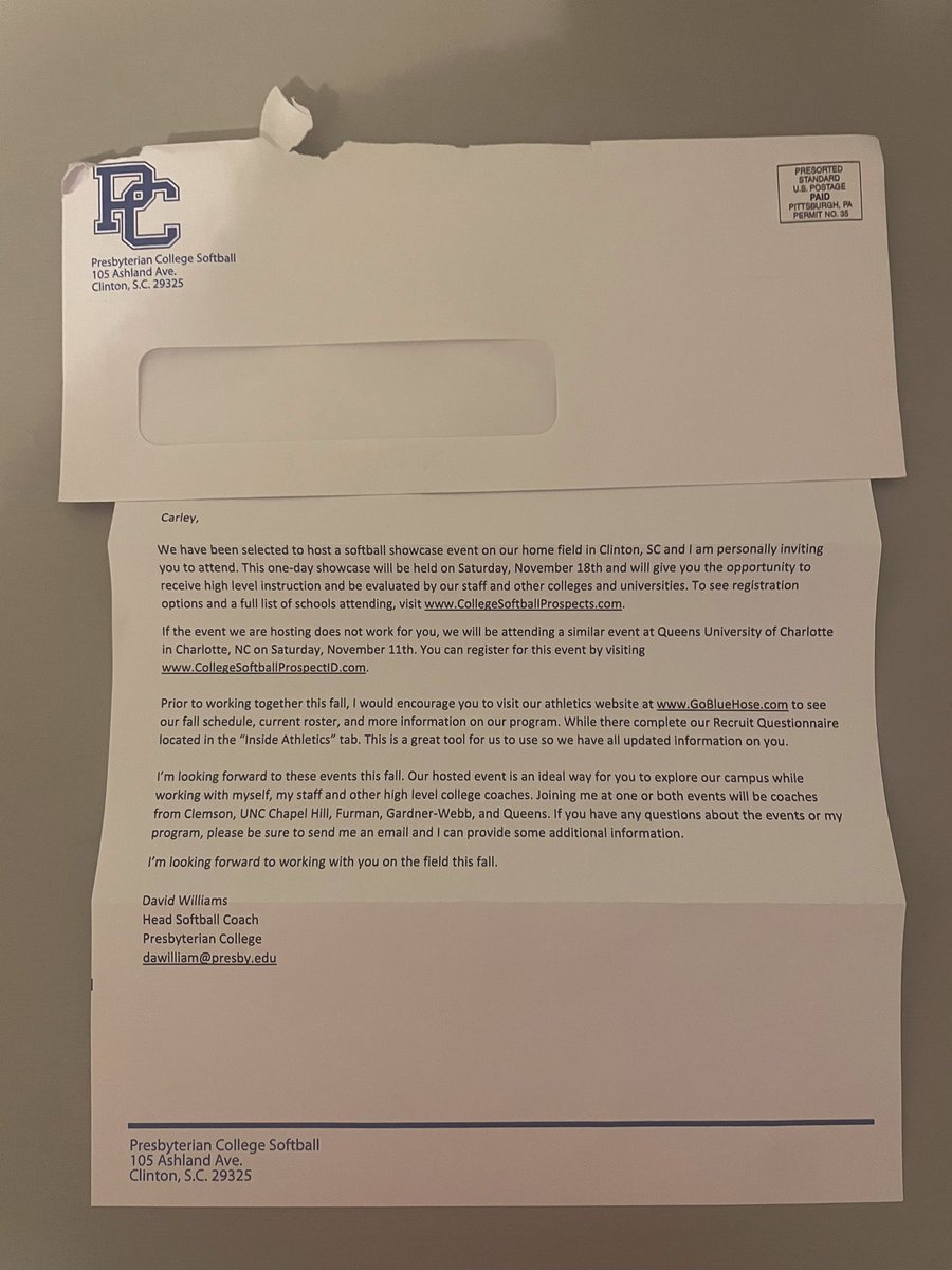 carleymelton26's tweet photo. Big thank you to @PRESBYSB this morning for my mail and opportunity to come see y’all again! Can’t wait for fall to get rolling!!! #lightsout @LLGTerry_Watson https://t.co/vEk7lUWckH