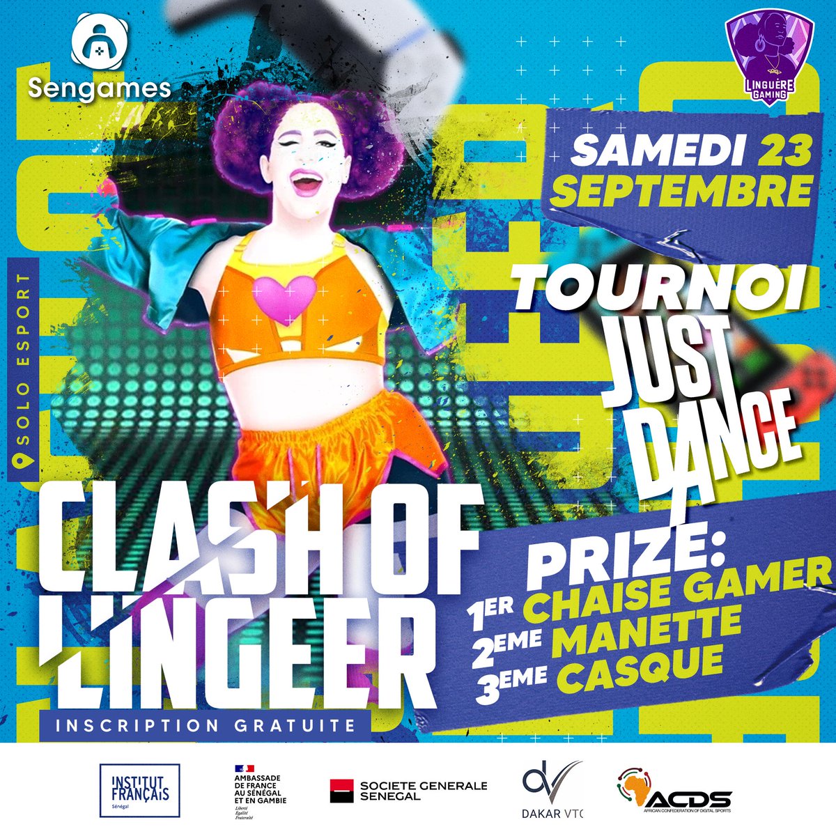 Toujours dans ce tournois Clash of Linguére.
Tekken et Just Dance seront au programme. 
Toutes les gameuses sont invitées !

Lien d'inscription juste la 👇🏾
Date : 23 Septembre
Lieu : Solo Esport
Inscription Gratuite

forms.gle/P3ayAt1roJydLP…