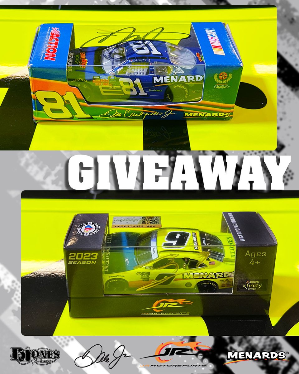 MenardsRacing's tweet photo. We're so excited to continue our relationship with @JRMotorsports &amp; Brandon Jones, so let's celebrate with a GIVEAWAY! The winner will receive both of these diecast cars signed by @DaleJr &amp; @BrandonJonesRac!

TO ENTER: Repost so all of your friends can get in on the action! https://t.co/tukBqpru3c