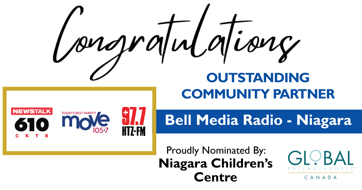 Congrats to Bell Media Radio – Niagara, including @Move1057, @610CKTB, and @977HTZFM, for winning the Outstanding Community Partner award! Nominated by @niagarachildctr. Join us on Nov 15: ow.ly/pYIa50PLEVF Award sponsored by Global Philanthropic Canada 💙