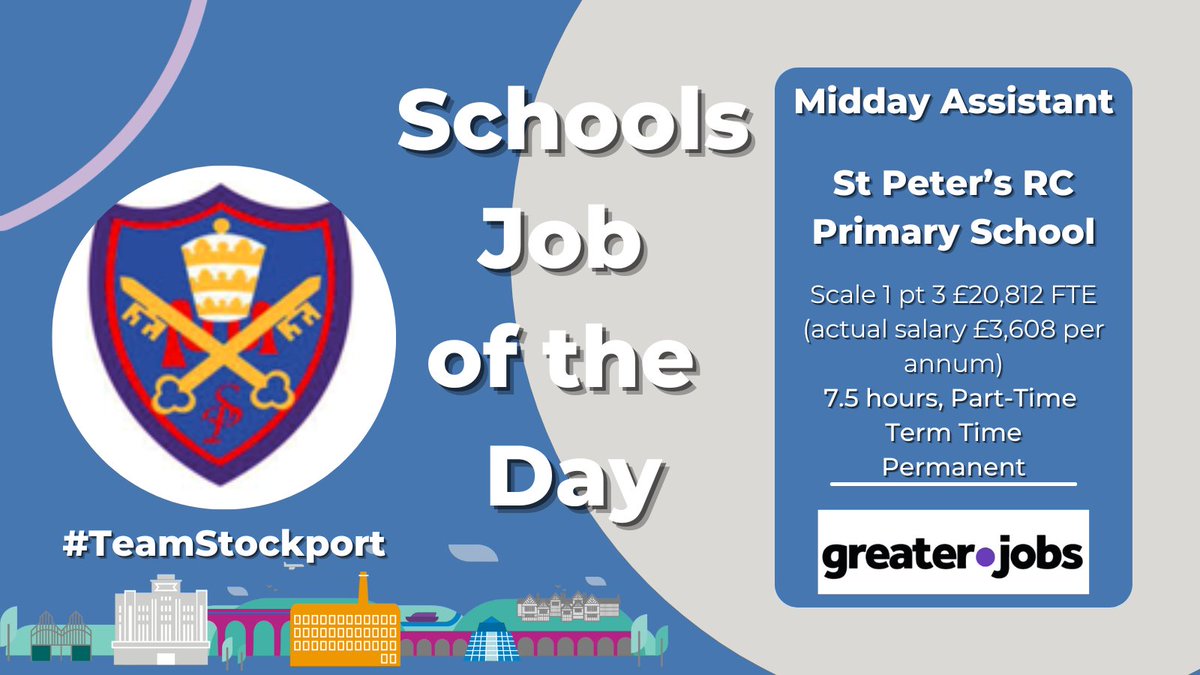 JobsAtStockport's tweet photo. St Peter's RC Primary School are seeking to appoint a #MiddayAssistant responsible for lunchtime supervision. The #school offers a welcoming, supportive & dedicated staff team & friendly, hardworking children. Find out more π https://t.co/emyTSRywj2
#TeamStockport #SchoolsJobs https://t.co/XFrryHUVZF