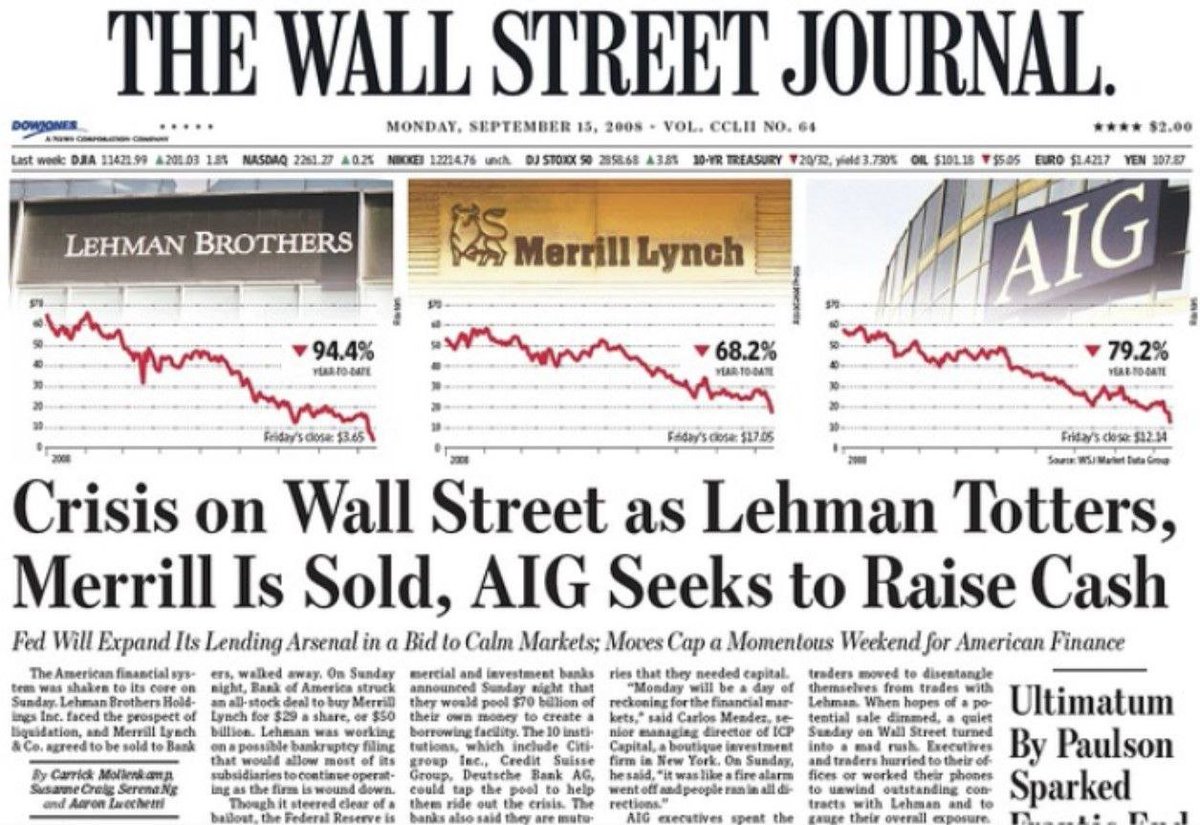 🦢📉🇺🇸 El mayor cisne negro desde desde el Crack de 1929 : Un 17 de septiembre en 2008 Lehman Brothers solicitó acogerse al Capítulo 11 de la Ley de Quiebras de EEUU y protagonizó la mayor caída de una empresa en toda la historia.
#LehmanBrothers