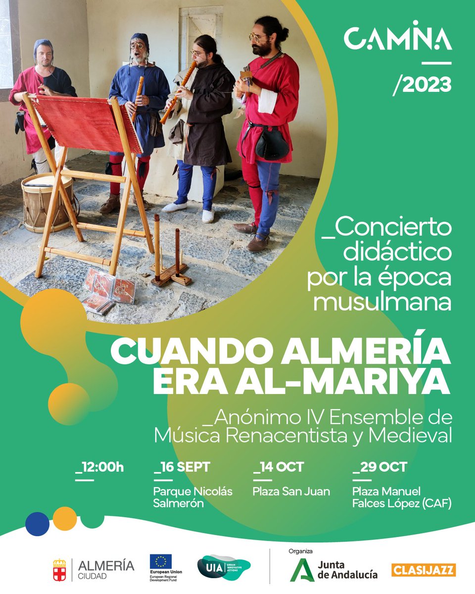AlcazabaAlmeria's tweet image. Mañana comienzan las actividades del #ProyectoCamina, del laboratorio compuesto por #AlcazabaAlmeria, @_LaGuajira, @clasijazz y Julio Béjar, con la programación de 3 conciertos didácticos:

🗓️Sábado, 16 sept.
🕛12 h.
📍Templete, Parque Nicolás Salmerón

#AlmeriaCamina #UIA #Feder