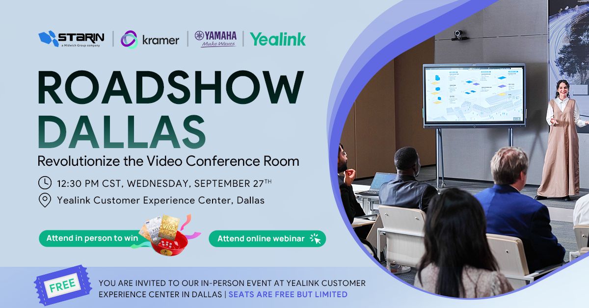 midwichUS's tweet photo. Be sure to join @KramerElec, @YamahaUC,  @YealinkNews  and of course Starin to discuss and explore how ProAV solutions can enhance your meeting experiences. Enjoy food and drinks while connecting with ProAV industry leaders. Attend in person or virtually!

👉 Register now: https://t.co/ZQBPGkMOWT
Roadshow details:
🕰 Time: 12:30 pm CST, Wednesday, September 27th
🚗 Location: Yealink Customer Experience Center, Dallas
Suite 160, 5445 Legacy Drive, Plano, TX 75024

#avtweeps #proav #yealink #yamahauc #kramer