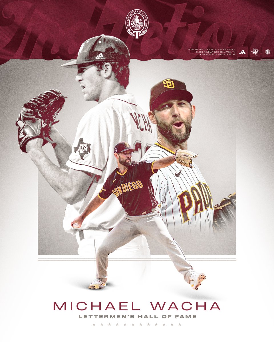 Congratulations, @MichaelWacha! 🎖 Tonight, he joins the @TAMULettermen Hall of Fame at the 45th Burgess Banquet. ★ 2x All-American ★ 2x Big 12 Tournament Champ ★ '11 CWS Appearance ★ '11 Big 12 Regular Season Champ ★ 3rd most wins at A&M ★ 4th most Ks at A&M ★ 19th…