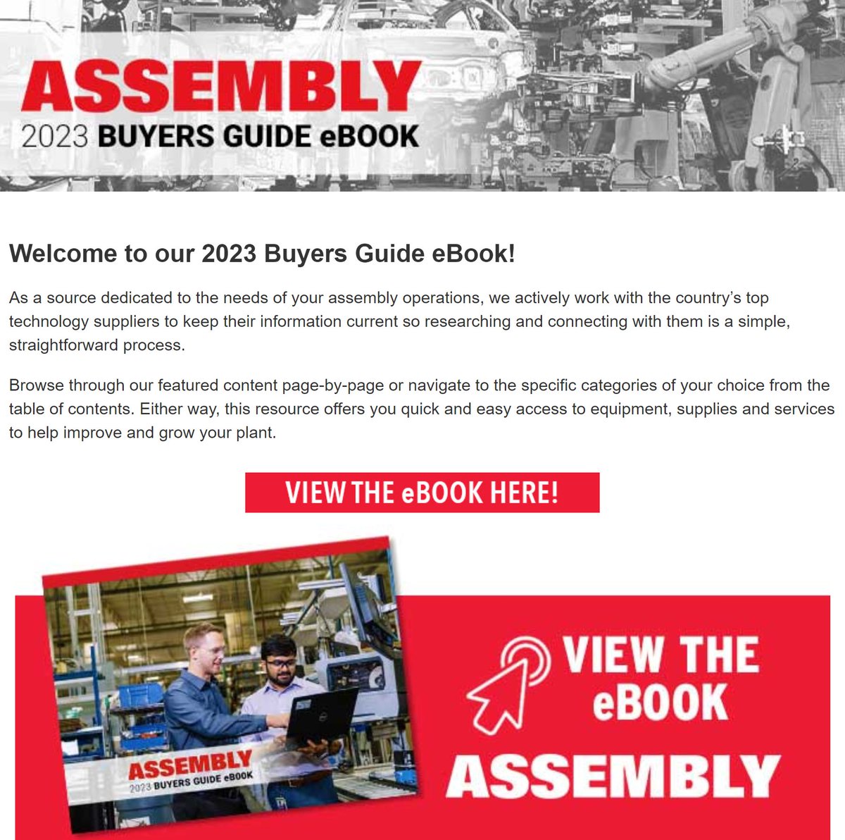 AssemblyMag1's tweet image. 📢 ASSEMBLY 2023 BUYERS GUIDE eBOOK is ready for you to download here 👉 digitaledition.assemblymag.com/2023-buyers-gu…

#AssemblyTechnology #AssemblySystems #AssemblyMachines #Assembly #Manufacturing