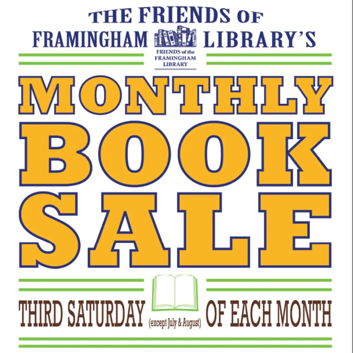 Friends of Framingham Library Monthly Book Sale
Saturday September 16, 2023
1am-3pm
Main Library

Join us on the 3rd Saturday of each month (except for July and August) beginning at 10am for our monthly book sale at the Main Library.

#CityOfFramingham #FraminghamPublicLibrary
