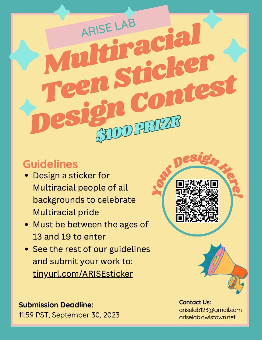 MR_Fam_Project's tweet photo. Show off your artistic skills in our Multiracial teen sticker design contest for the chance to win a $100 prize!  We are looking for teens between the ages of 13-19 to enter by September 30th. Check out the link below for more details and please email us with any questions! https://t.co/BvQpuDawww