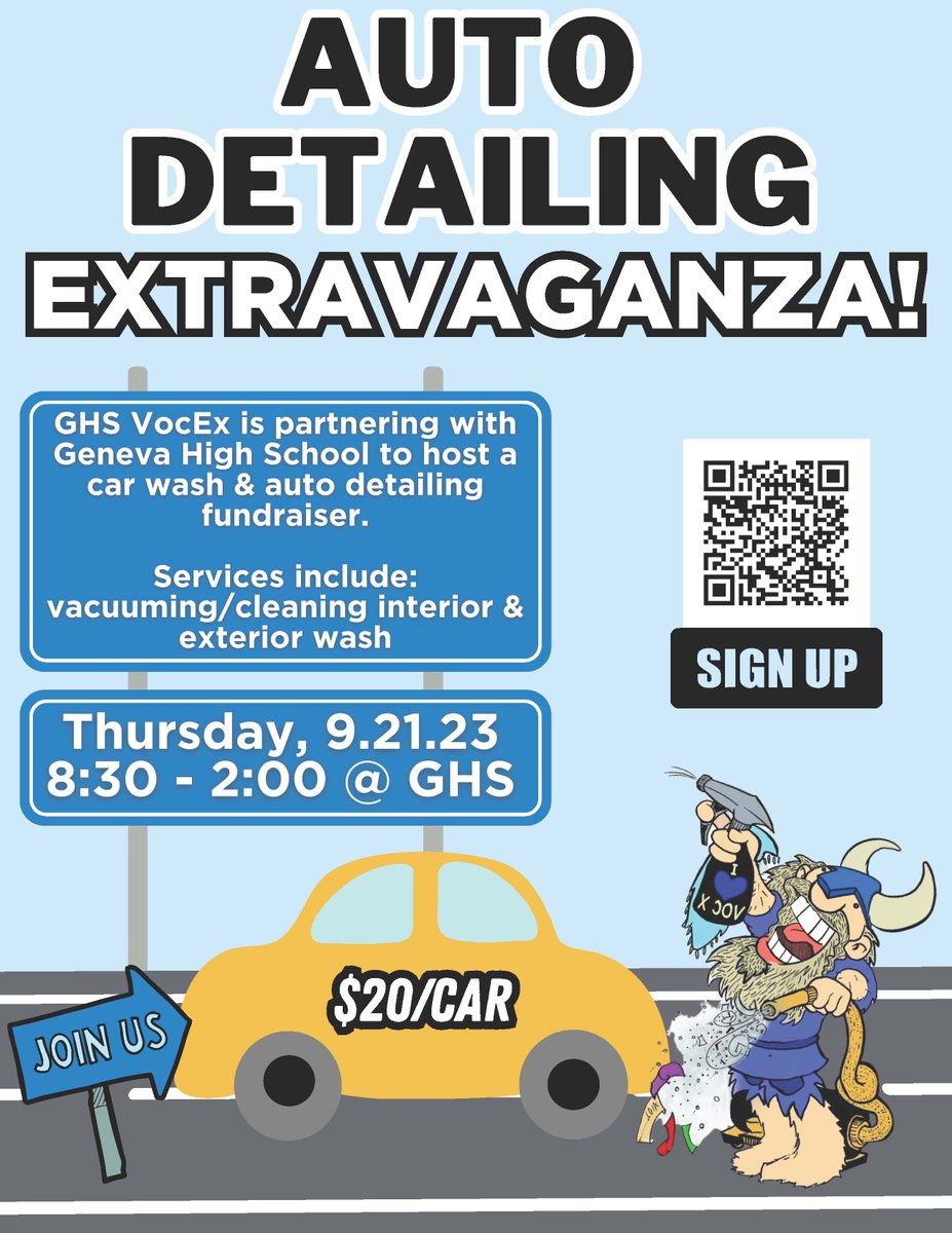 Does your car need a wash? GHS VocEx and GHS are hosting an AMAZING EVENT you don't want to miss! Get your car looking FRESH and NEW with their car wash and auto detailing fundraiser on Thurs. 9/21. $20/car. Don't miss out - reserve a spot! #BelieveInGeneva304 #Geneva304