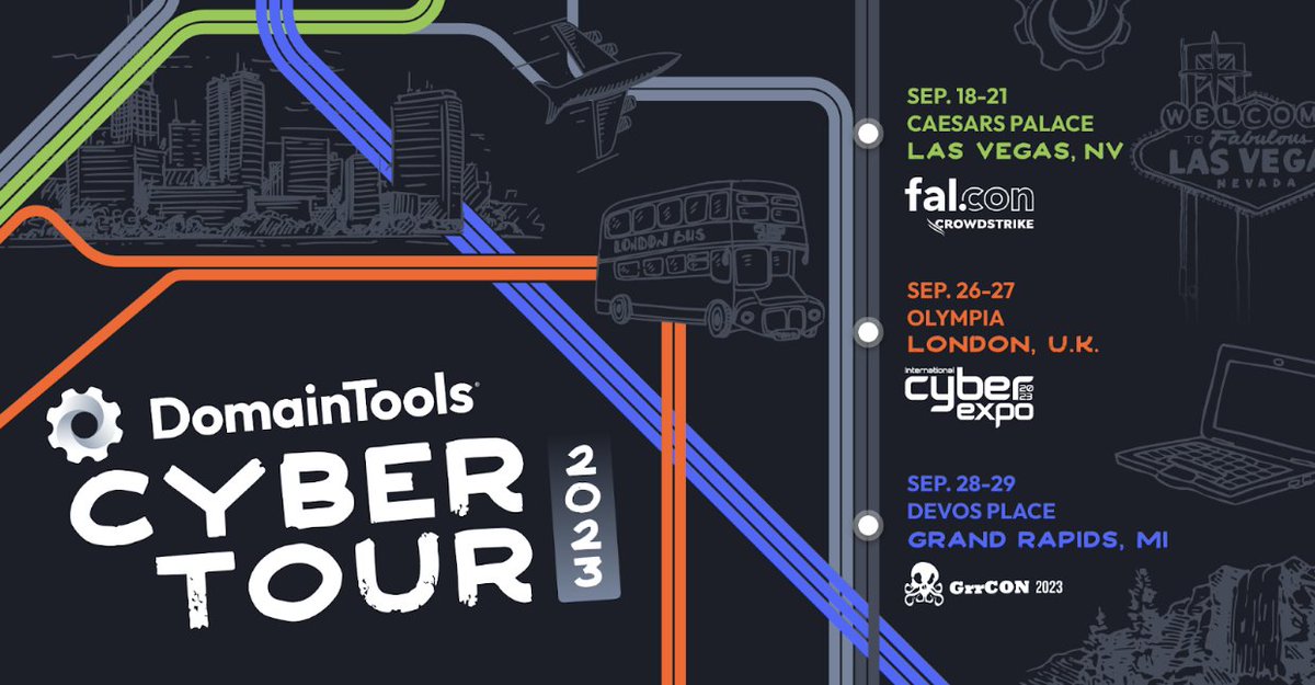 DomainTools's tweet image. Our bags are packed and we’re ready to hit the road for DomainTools Cyber Tour 2023! Where will we see you? #FalCon2023, @IntCyberExpo, @Grrcon