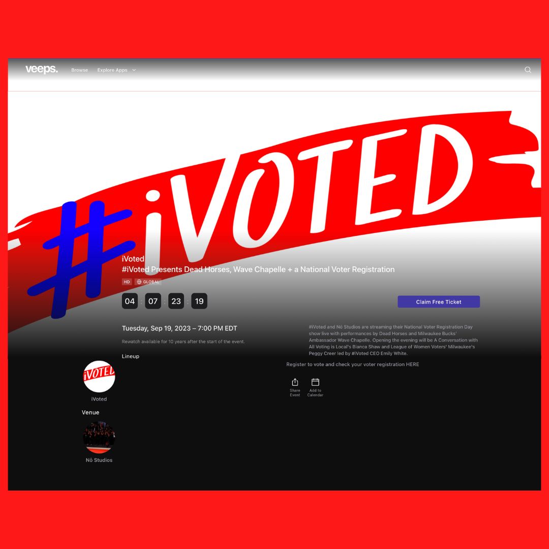 Check out “#iVoted Presents <a href="/deadhorseswi/">Dead Horses</a>  &amp; <a href="/wavechapelle/">Wave Chapelle</a> + a <a href="/NatlVoterRegDay/">National Voter Registration Day</a> Panel with #AllVotingisLocal &amp; <a href="/LWVMilwaukee/">LWV-Milwaukee County</a> on <a href="/Veeps/">Veeps</a> THIS TUESDAY ! 🎥 🤩 Check out the link below for more details. 🔗

👉: veeps.com/ivoted/5923af6…