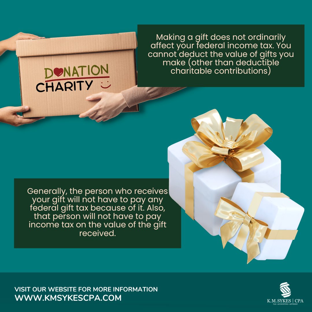 KMSYKESCPAPC's tweet photo. The IRS charges those who donate property with the gift tax, which is a federal tax. When you get nothing in return or compensation that is less than the entire worth of the property, the gift tax is applied.

Visit https://t.co/RdDntS3rPR. 
#CPA #TaxServices #BlackCPA https://t.co/34FOugNrVU