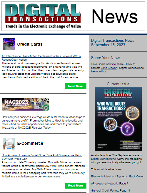 DTPaymentNews's tweet photo. Today’s Digital Transactions News: Progress For an Interchange Case; Amazon Beefs up Buy With Prime; An ARC Pay API for Air Travel
https://t.co/LRg3BtK9UM
#payments #interchange #creditcards #merchants #Visa #Mastercard #Amazon #Buywithprime # ARC Pay #travel #WesternUnion https://t.co/rT4D1gDIWj