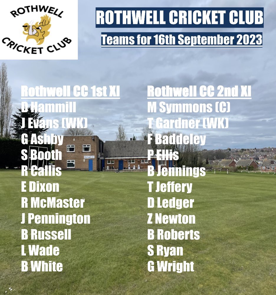 RothwellCricket's tweet photo. 🚨Saturday team news (1pm start)🚨 Tomorrow brings the final days games of the 2023 season. FIRSTS are away to Fenwick CC 1st XI and SECONDS are home to Sykehouse CC 1st XI🏏
Would be great to see you down at Royds Lane🏏🍺🍷 #rothwellcricketclub #rothwell #cricket https://t.co/Ek9f1OUG2n